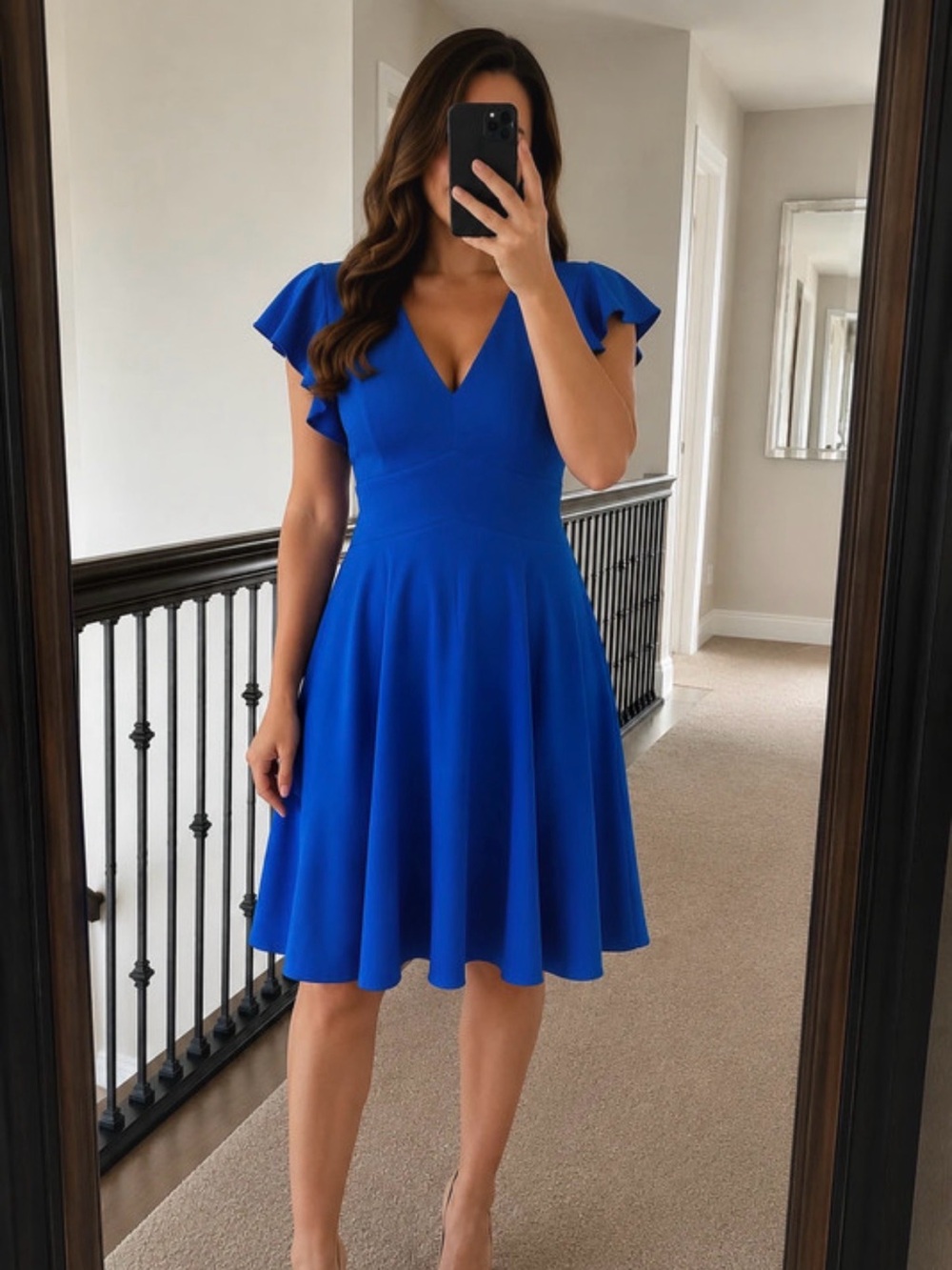 Dkny Cobalt Blue V‑Neck Fit & Flare Dress with Flutter Sleeves